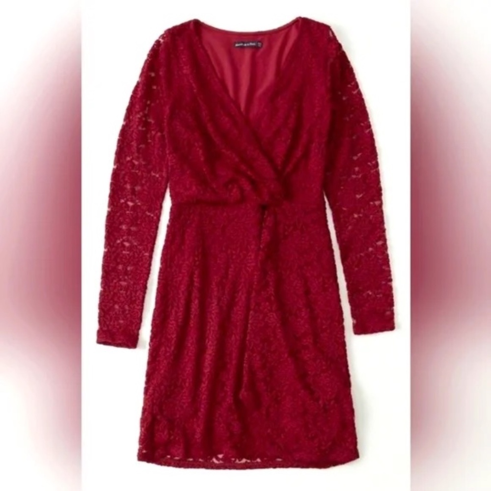 Lace Long-Sleeve Dress Maroon Dark Red XS (Petite) | Abercrombie & Fitch
